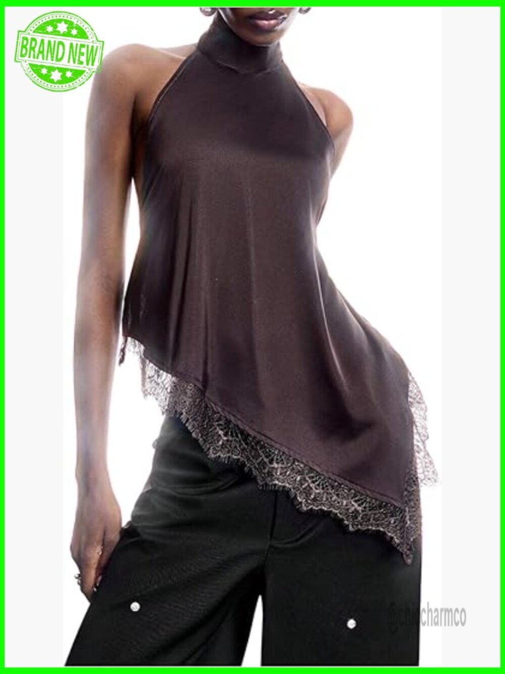 Lace Halter Tank Top Asymmetrical Backless Satin Sleeveless